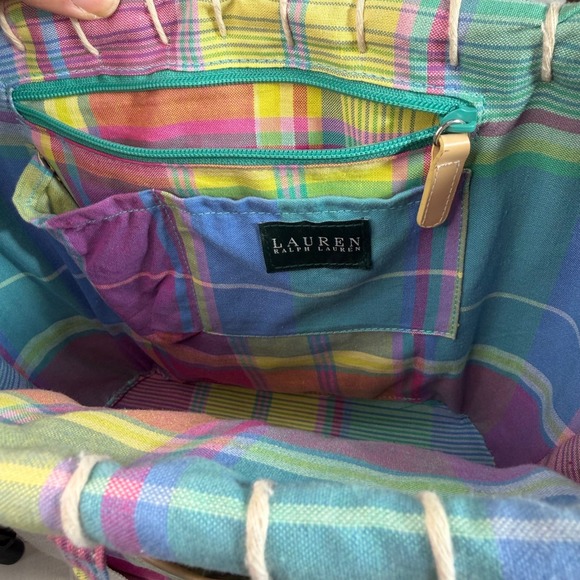 Lauren Ralph Lauren Madras Plaid Straw Tote Bag Canvas Beach Bag Preppy Vacation - Picture 5 of 8